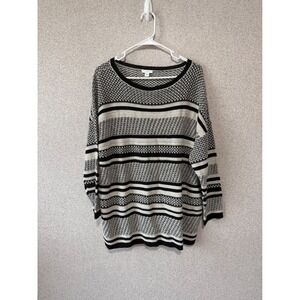 J. Jill Womens Black‎ White Striped Knit Sweater Cotton Linen Blend L 148281 NEW